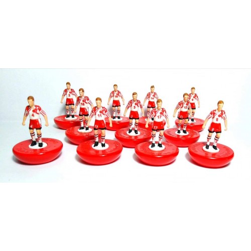 Subbuteo Andrew Table Soccer Denmark 1992 European Champions away kit on classic Hasbro bases
